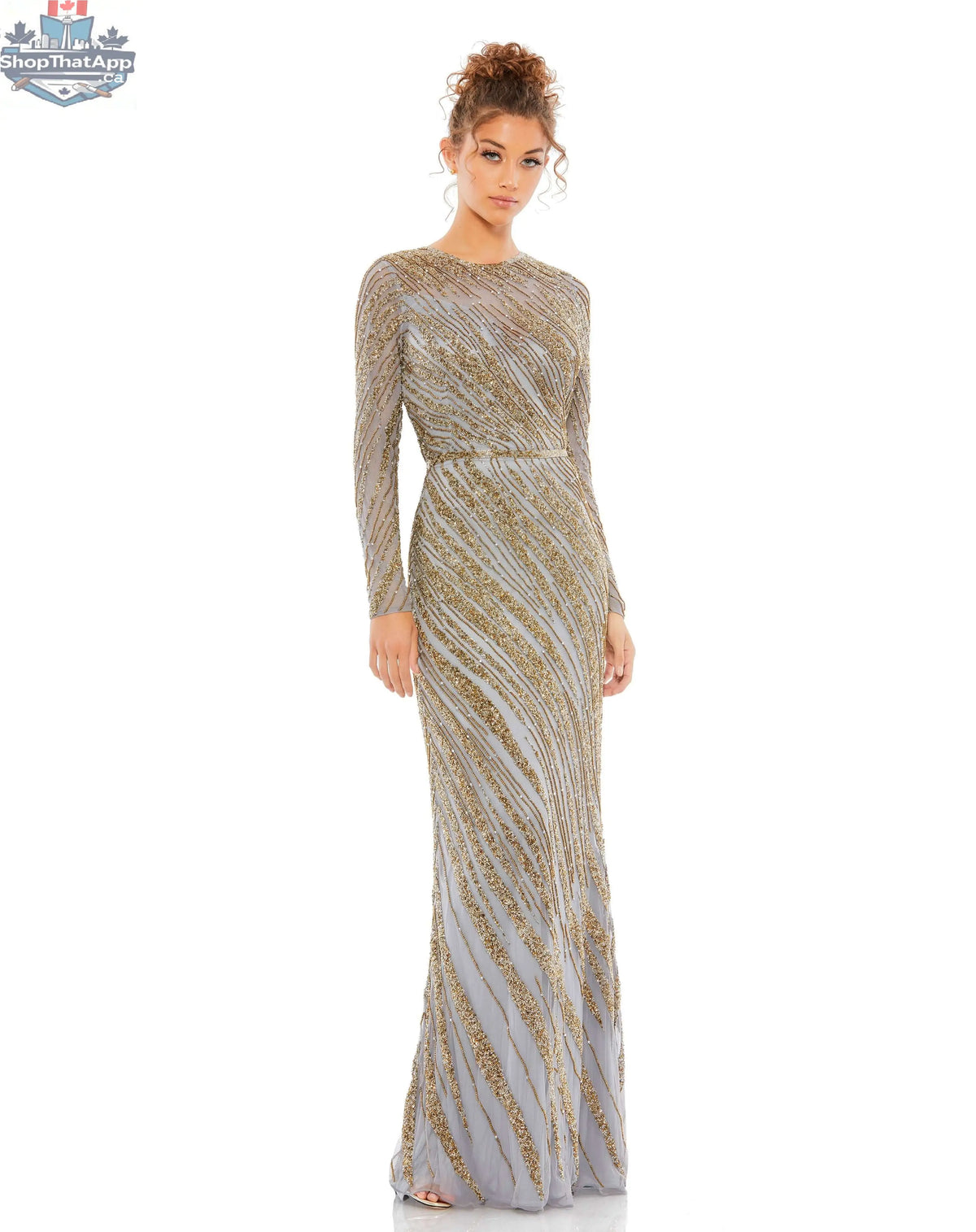 Elegant platinum long sleeve beaded evening gown by Elegant Threads, showcasing intricate beadwork and timeless style.