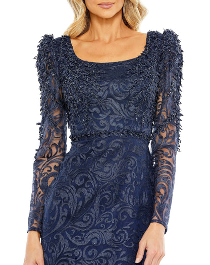 Elegant Threads midnight evening trumpet gown with embroidered appliqué and stylish shoulder detailing.