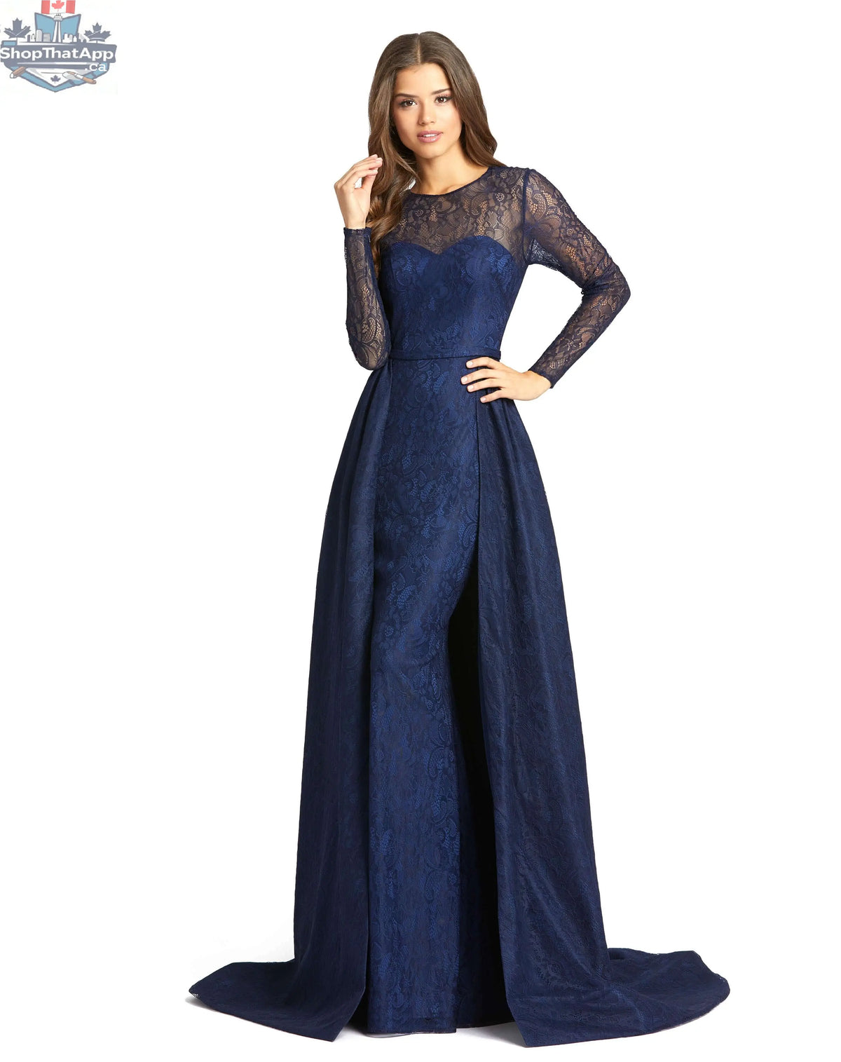 Navy lace illusion long sleeve evening gown with overlay skirt by Elegant Threads, featuring intricate lace details and elegant silhouette.