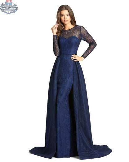 Navy lace illusion long sleeve evening gown with overlay skirt by Elegant Threads, featuring intricate lace details and elegant silhouette.