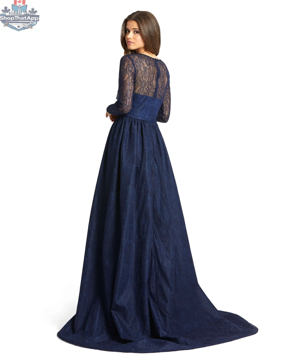 Navy lace illusion long sleeve evening gown with overlay skirt by Elegant Threads, elegant and intricate design.
