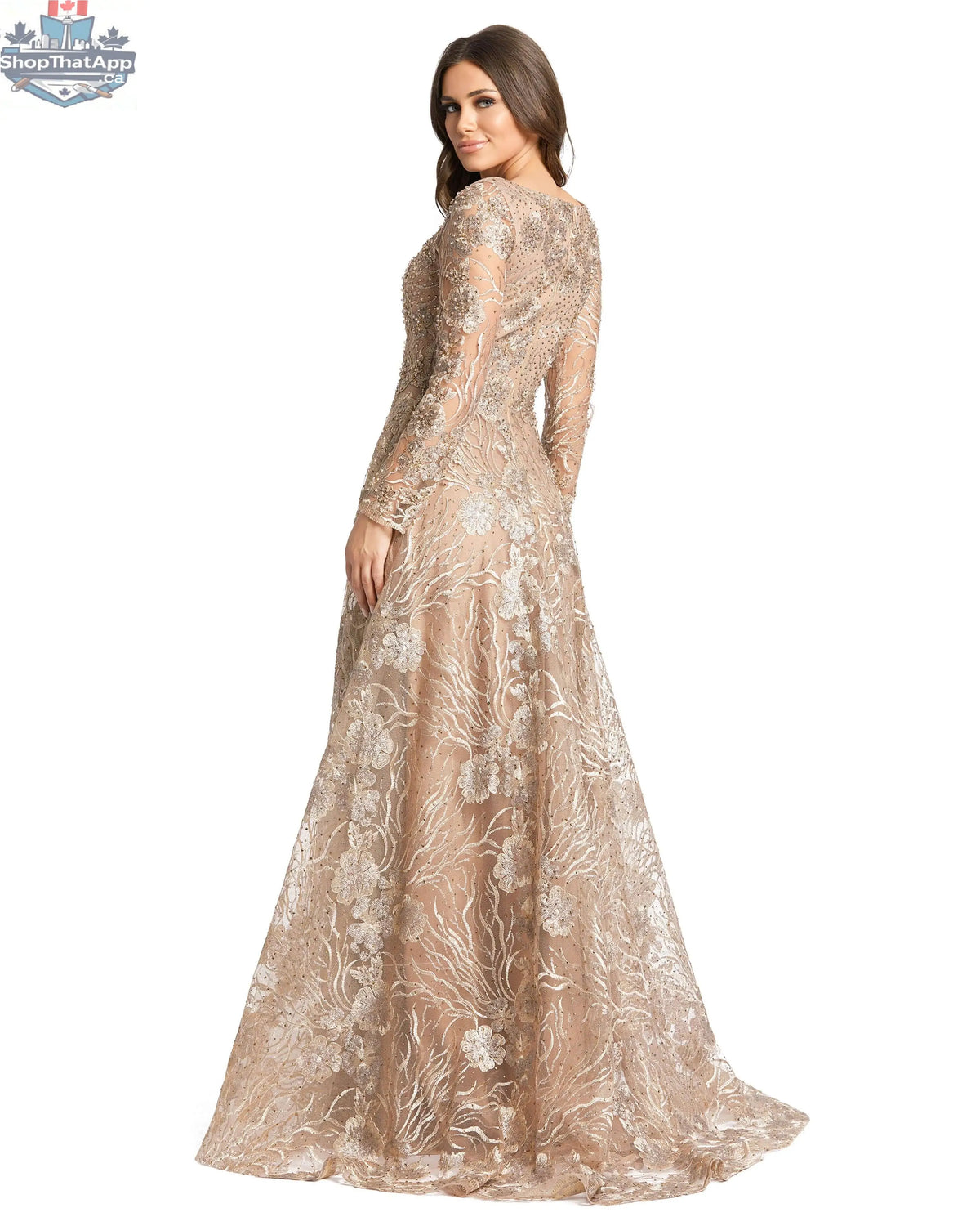 Elegant Threads floral embroidered evening gown with long sleeves and square neckline, vintage gold and black fabric.