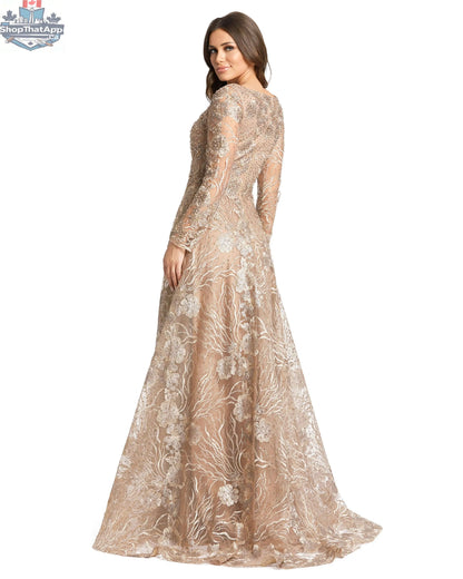 Elegant Threads floral embroidered evening gown with long sleeves and square neckline, vintage gold and black fabric.