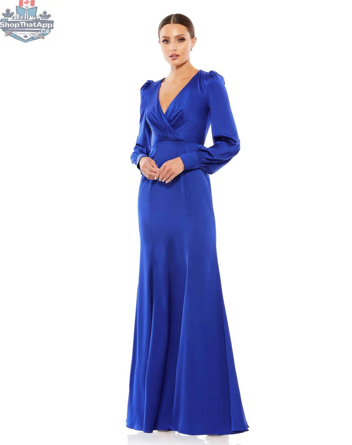 Royal blue satin gown with ruched bodice and bishop sleeves by Elegant Threads, perfect for formal occasions.
