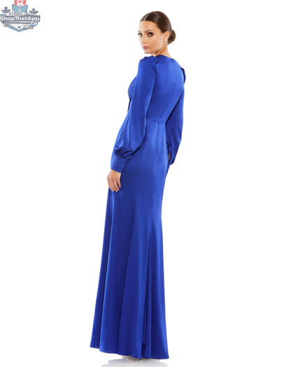 Royal blue satin ruched bishop sleeve gown by Elegant Threads, featuring elegant draping and a sophisticated silhouette.