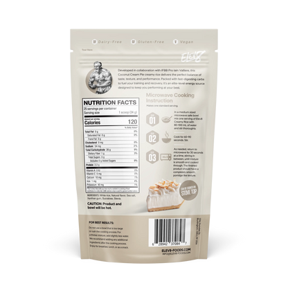 Cream of Rice Coconut Cream Pie flavor by Elev8, showing a bowl of creamy rice pudding with coconut topping and filling.