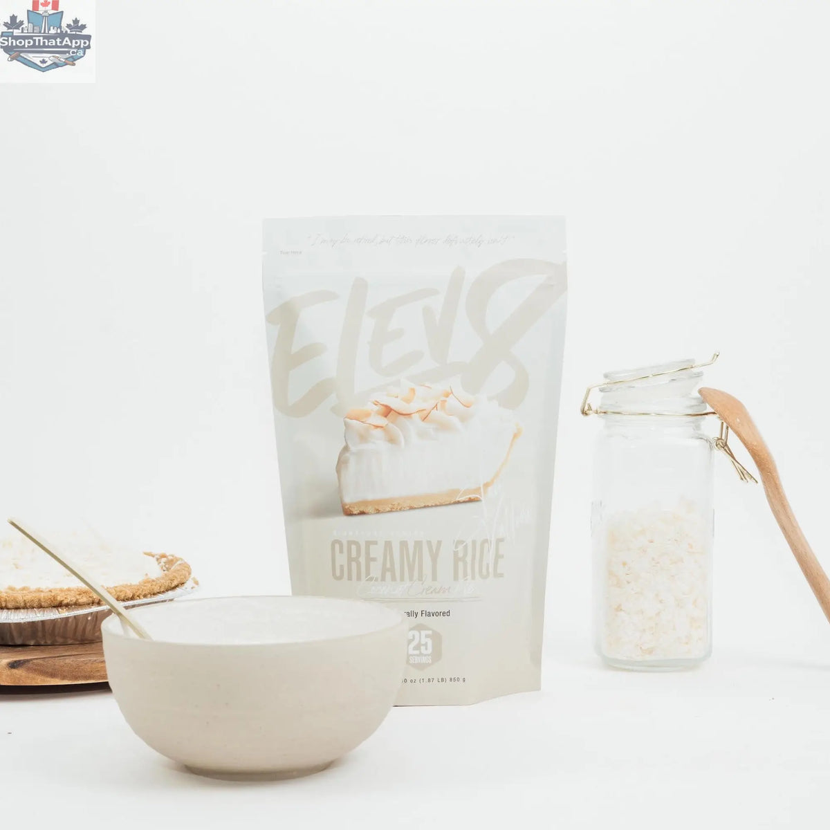 Cream of Rice coconut cream pie flavor by Elev8, showing a bowl of creamy rice dessert topped with coconut flakes.