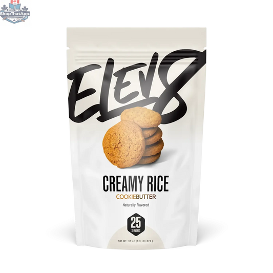Elev8 Cookie Butter Cream of Rice in a jar, showing the smooth, creamy texture and label on the front of the product.