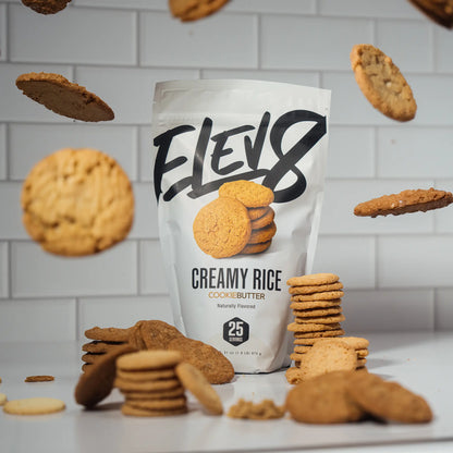 Cream of rice with cookie butter flavor from Elev8, showing a jar of creamy, smooth cookie butter spread on a white background.