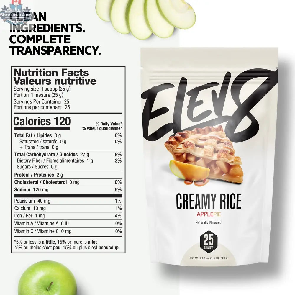 Cream of rice dessert with apple pie flavor by Elev8, featuring a slice of homemade apple pie on a plate.