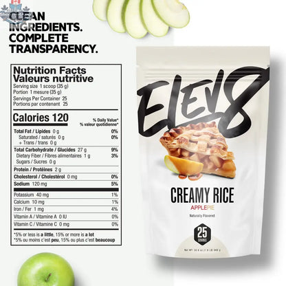 Cream of rice dessert with apple pie flavor by Elev8, featuring a slice of homemade apple pie on a plate.
