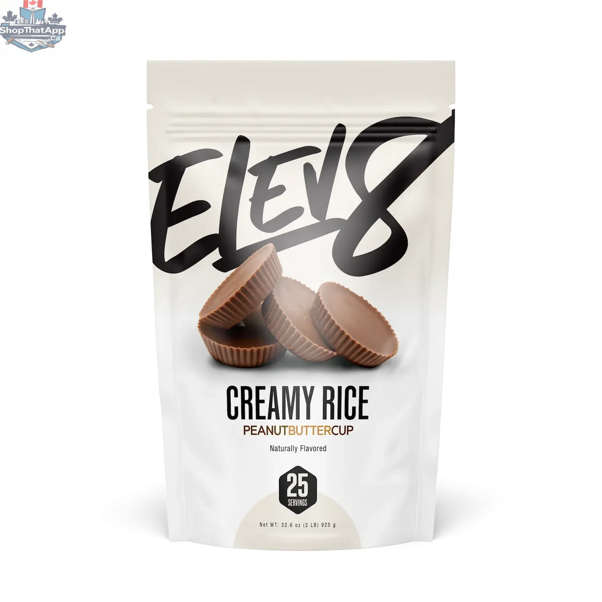 Elev8 Cream of Rice peanut butter cup flavor, front view showing packaging with a colorful label and product branding.