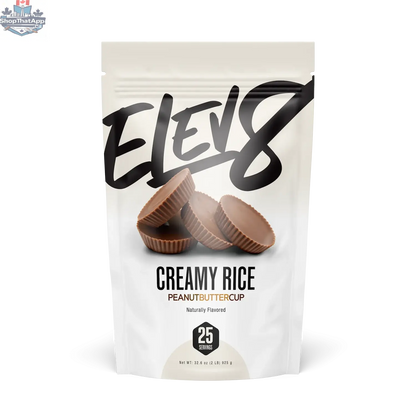 Elev8 Cream of Rice peanut butter cup flavor, front view showing packaging with a colorful label and product branding.
