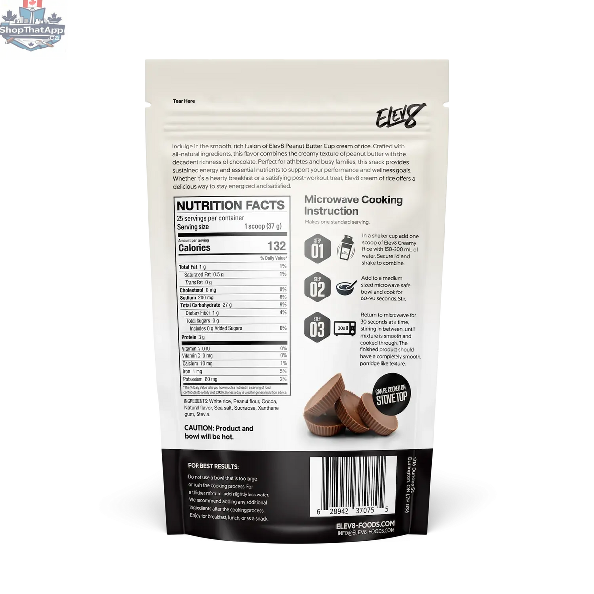 Cream of Rice with peanut butter cup flavor by Elev8, showcasing the packaged product with a focus on branding and flavor.