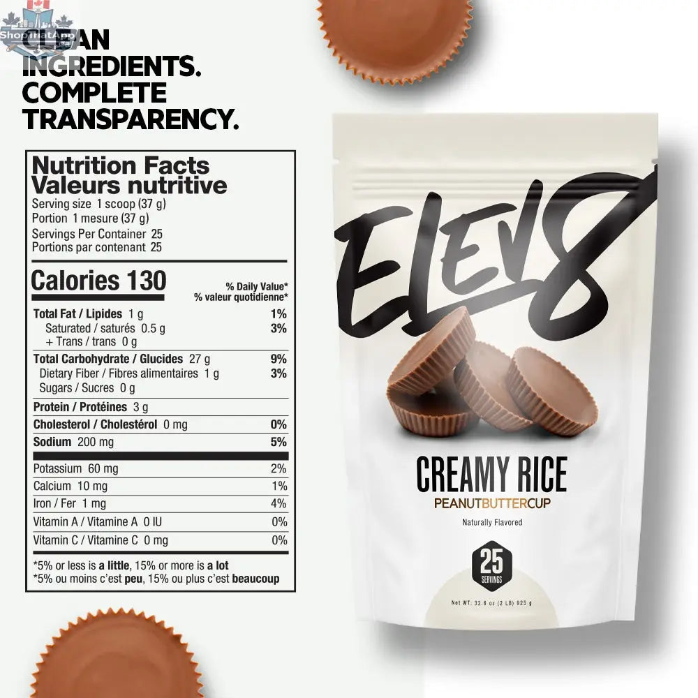 Cream of Rice breakfast dish with peanut butter cup flavor by Elev8, featuring a creamy, chocolatey peanut butter cup topping.