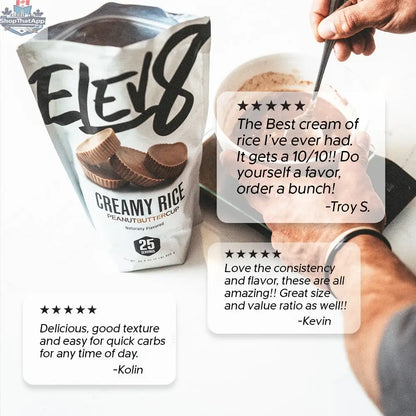 Cream of Rice with peanut butter cup flavor by Elev8, showing a bowl of prepared cereal with peanut butter cup pieces.