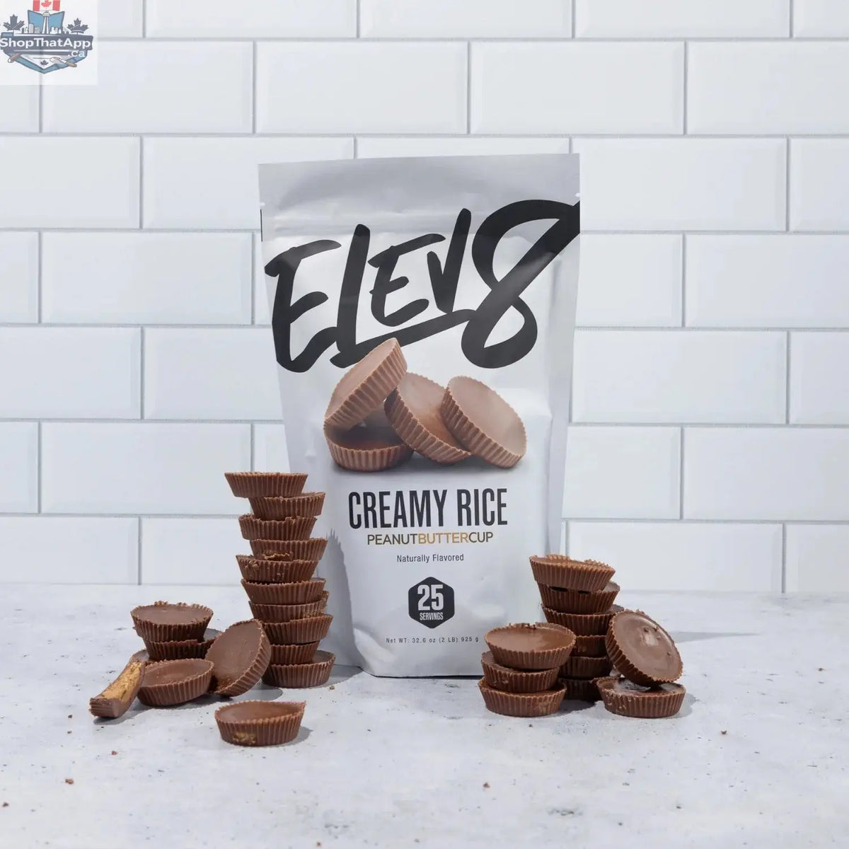 Cream of Rice with peanut butter cup flavor by Elev8, showing a bowl of prepared cereal with a peanut butter cup on top.