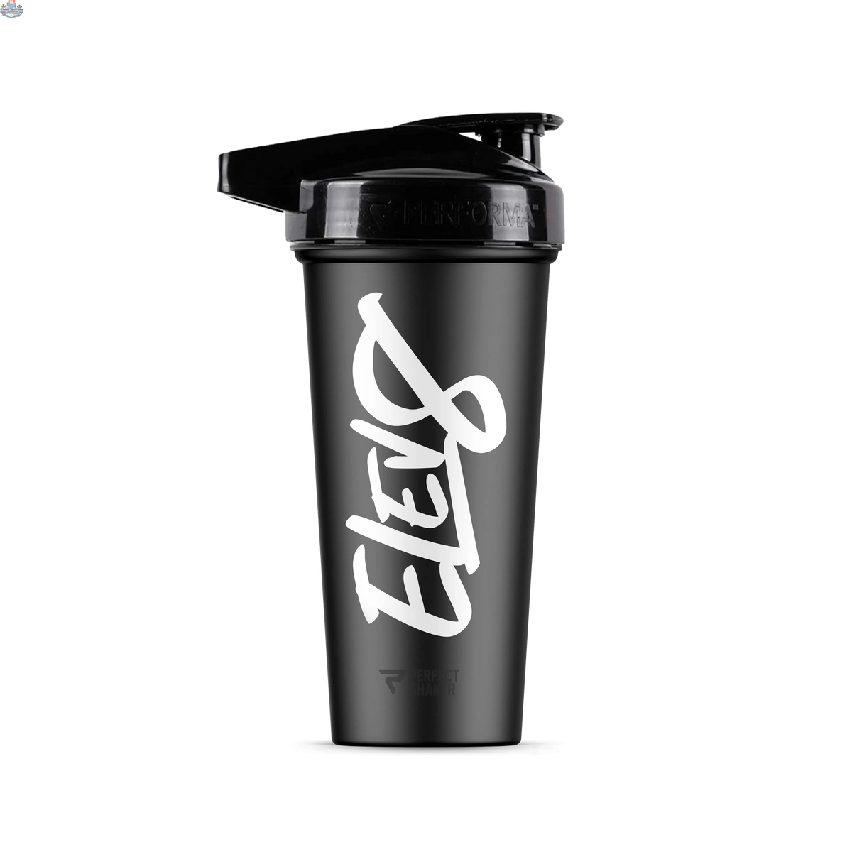 Black Elev8 Activ shaker bottle for water mixing and hydration, featuring a screw-on lid and mixing ball for smooth beverages.