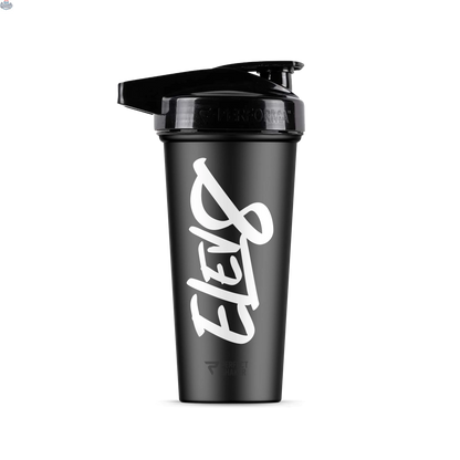 Black Elev8 Activ shaker bottle for water mixing and hydration, featuring a screw-on lid and mixing ball for smooth beverages.