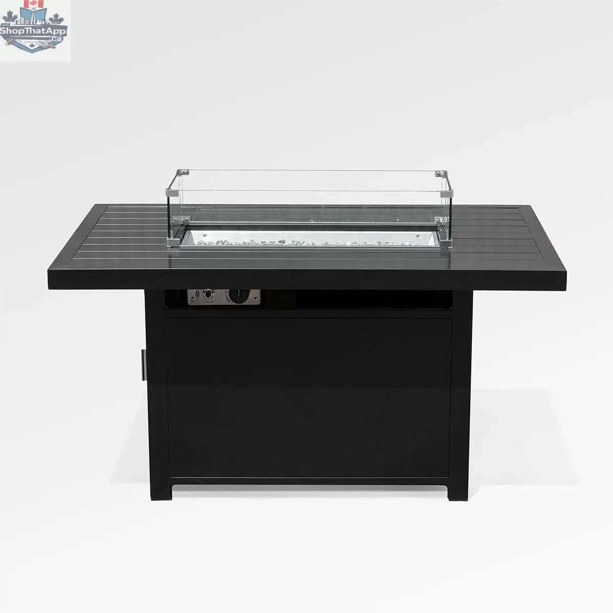 Black outdoor aluminum fire pit table with wind guard and cover, rectangular design by Enclover, shown from the front.
