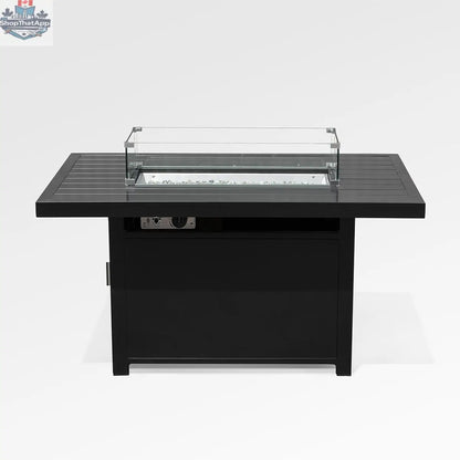 Black outdoor aluminum fire pit table with wind guard and cover, rectangular design by Enclover, shown from the front.