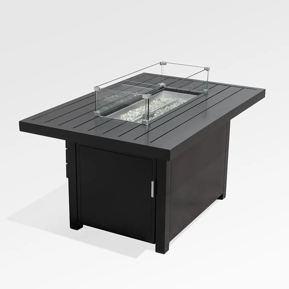 Black rectangular outdoor aluminum fire pit table with wind guard and cover, designed by Enclover for outdoor accessories.