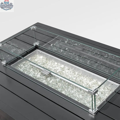 Black rectangular outdoor aluminum fire pit table with wind guard and cover, designed by Enclover, shown with detailed features.