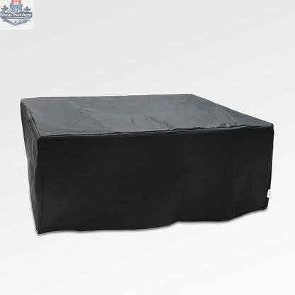Close-up of Enclover outdoor black aluminum fire pit table cover showing protective material and detailed design.