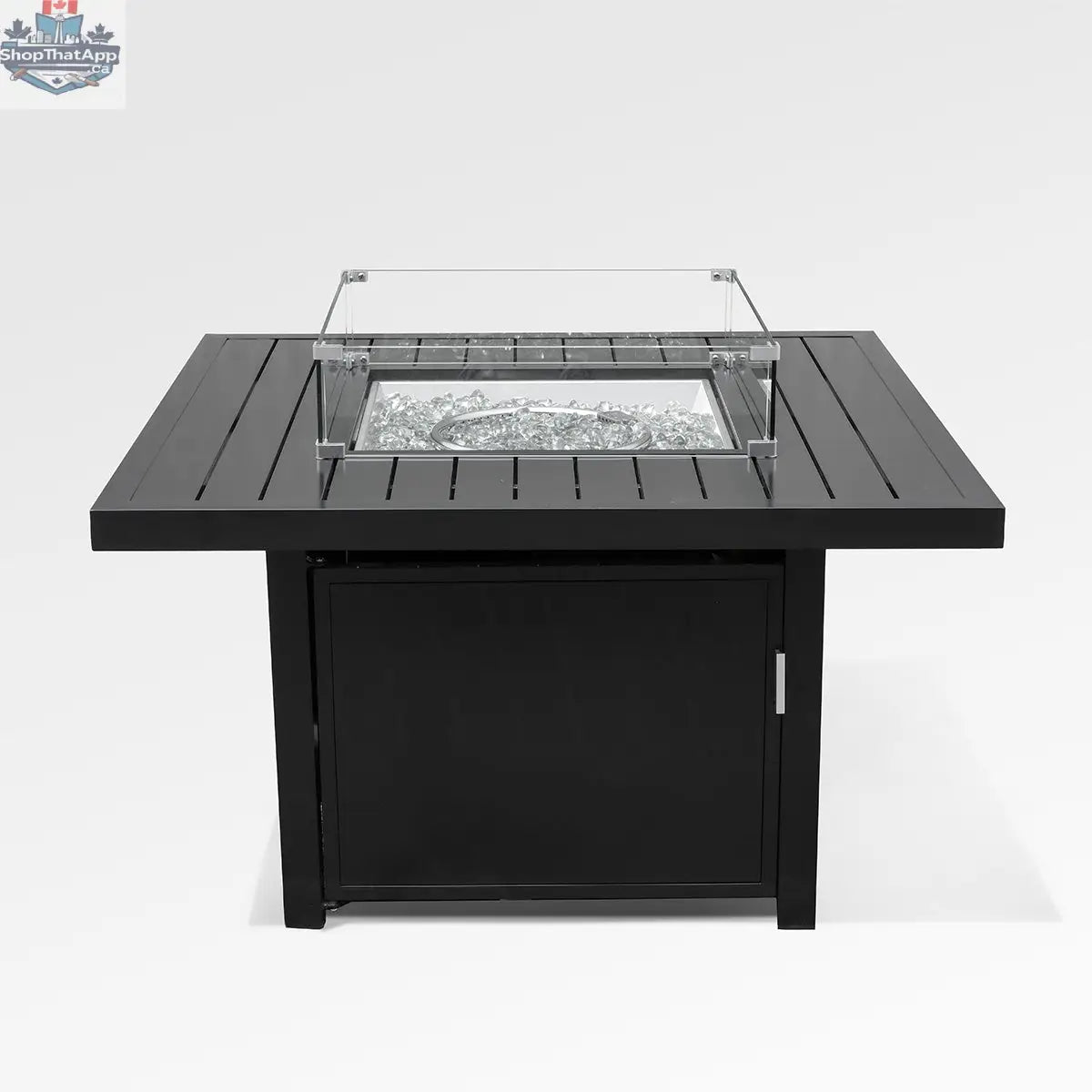 Black aluminum fire pit table with wind guard and cover, outdoor Enclover accessories, front view showing sleek design and safety features.