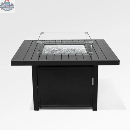 Black aluminum fire pit table with wind guard and cover, outdoor Enclover accessories, front view showing sleek design and safety features.