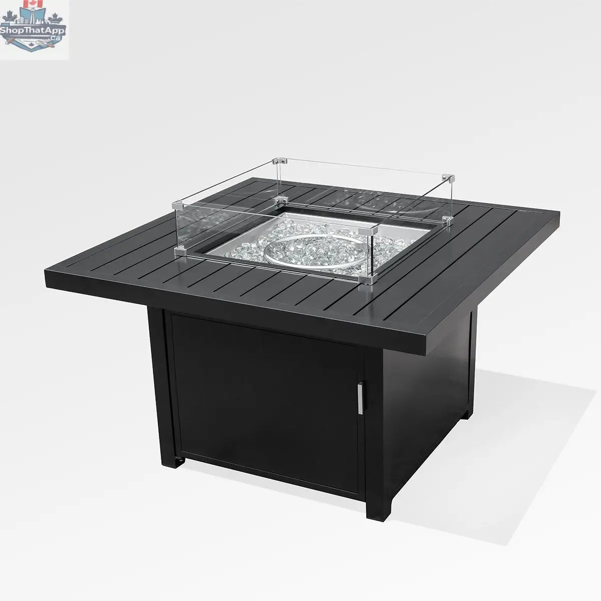 Outdoor black aluminum fire pit table with wind guard and cover, designed for outdoor heating and ambiance by Enclover.
