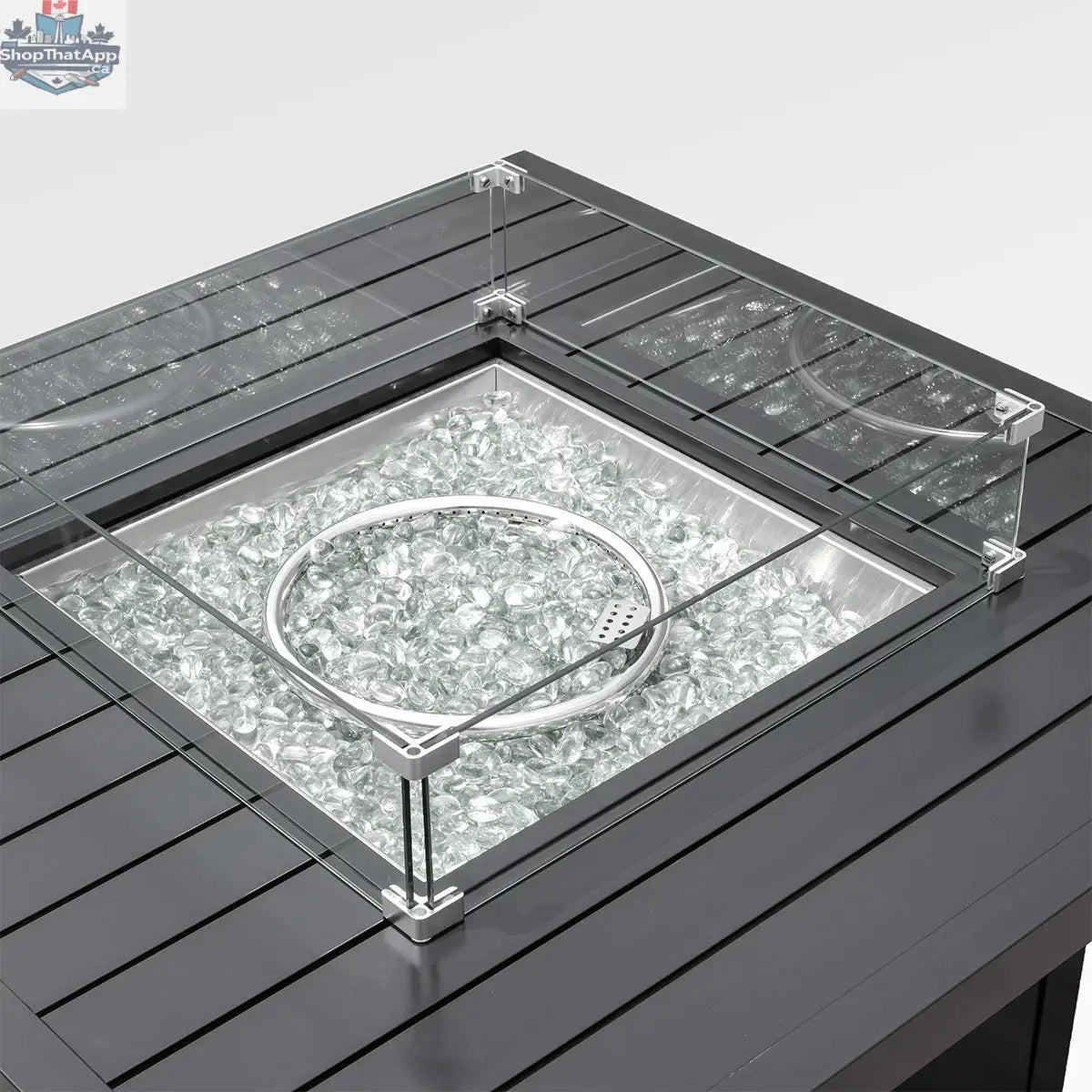 Outdoor black aluminum fire pit table with wind guard and cover, designed for outdoor use, by Enclover.