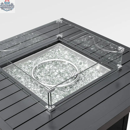 Outdoor black aluminum fire pit table with wind guard and cover, designed for outdoor use, by Enclover.