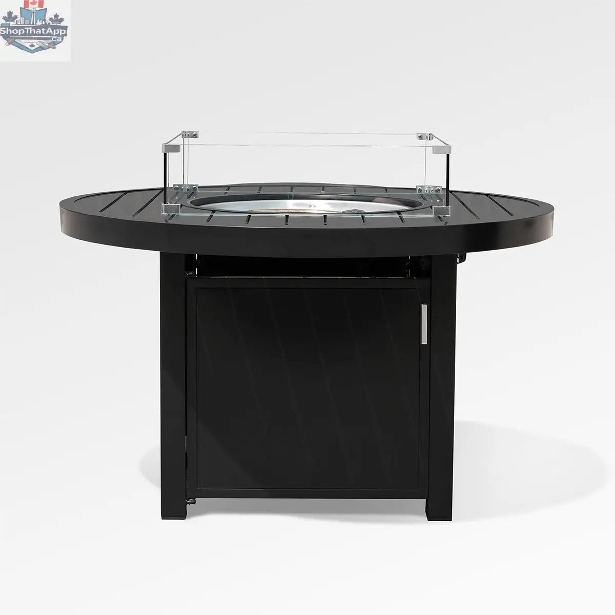 Outdoor black aluminum fire pit table with wind guard and cover, featuring a modern design by Enclover.