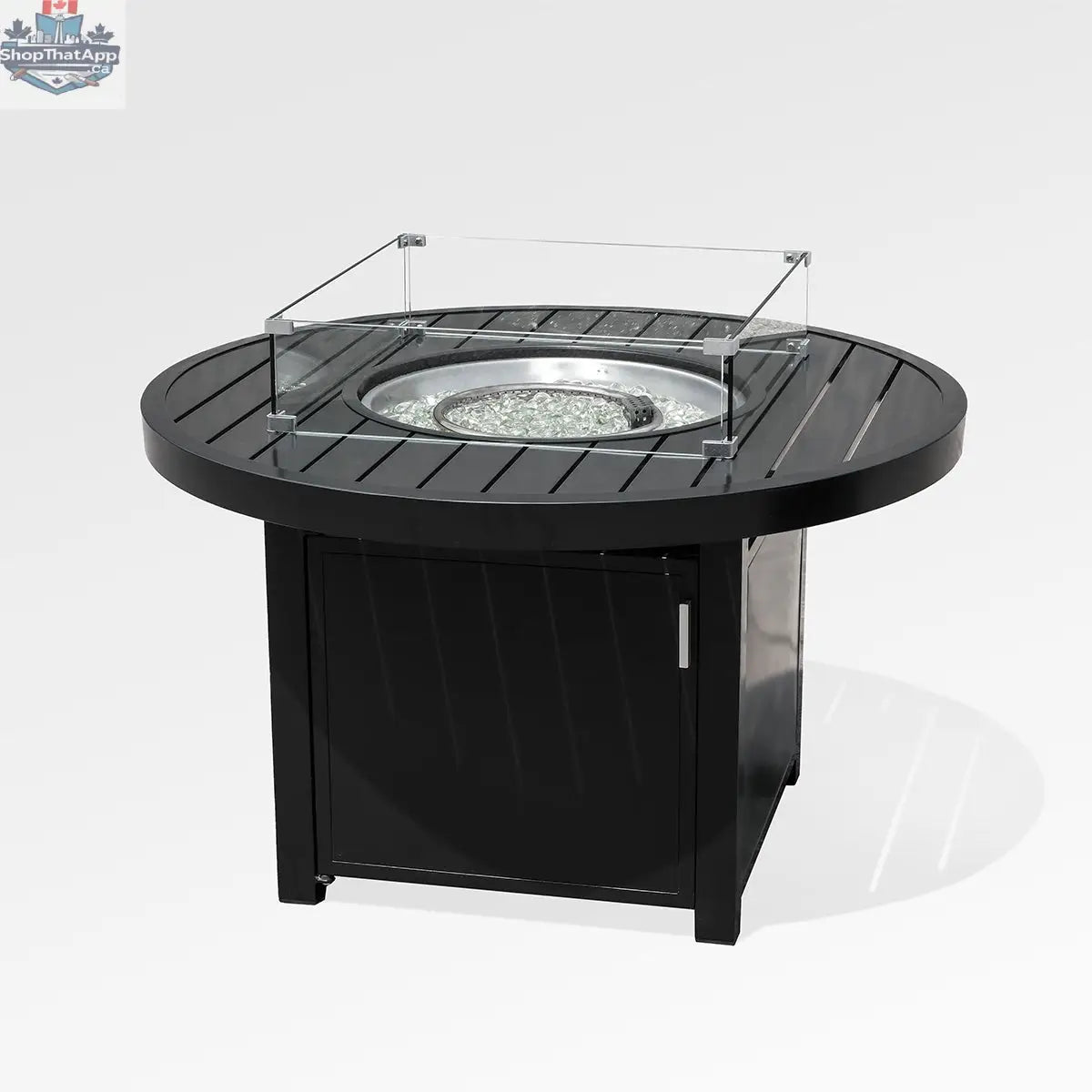 Outdoor black aluminum fire pit table with wind guard and cover, featuring a modern design for outdoor heating and ambiance.