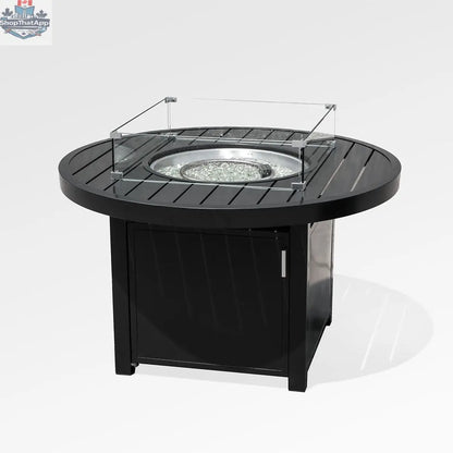 Outdoor black aluminum fire pit table with wind guard and cover, featuring a modern design for outdoor heating and ambiance.