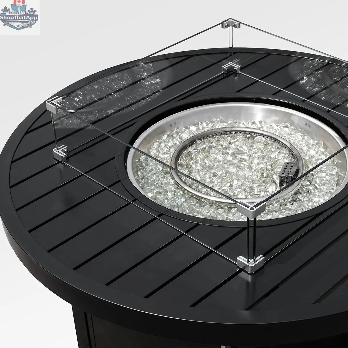 Outdoor black aluminum fire pit table with wind guard and cover, featuring sleek design and functional accessories by Enclover.