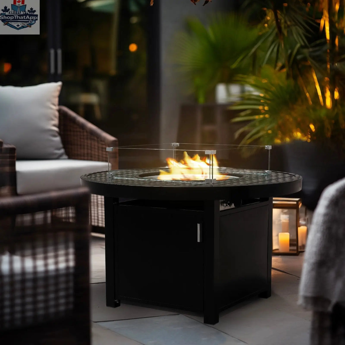 Outdoor black aluminum fire pit table with wind guard and cover, Enclover accessories for outdoor heating and ambiance.