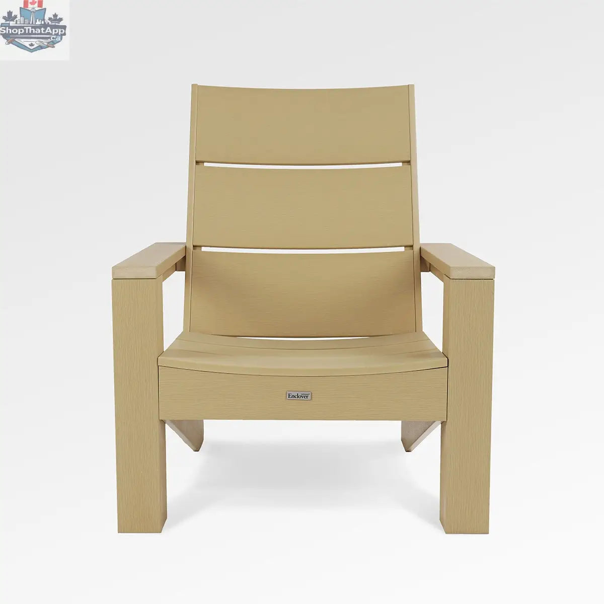 Enclover Acacia Muskoka chair with modern design, oak finish, and Sunbrella cushions for outdoor comfort.