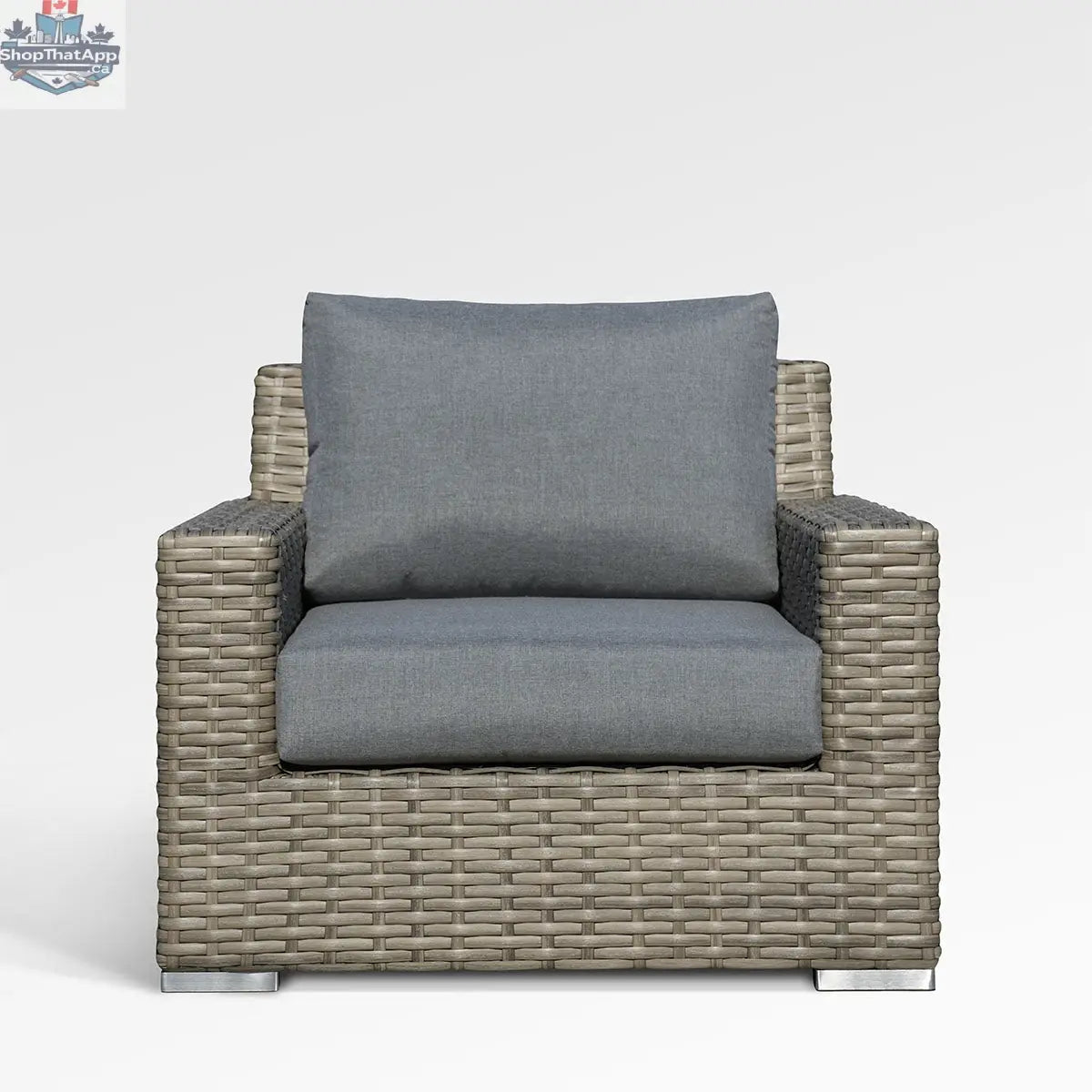 Enclover Jasmine club chair with Sunbrella cushions in cast slate fabric, showing a stylish and comfortable outdoor seating option.