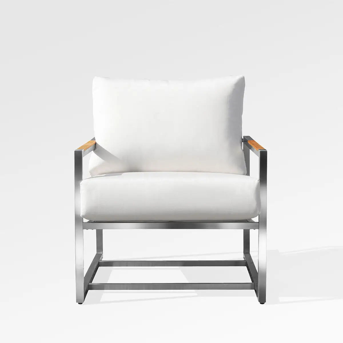 Enclover Acacia outdoor club chair with white Sunbrella cushions, stylish and comfortable for elegant outdoor relaxation.