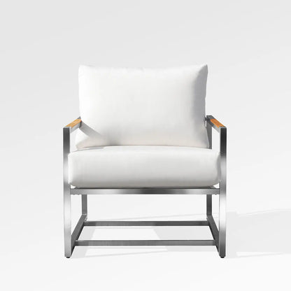 Enclover Acacia outdoor club chair with white Sunbrella cushions, stylish and comfortable for elegant outdoor relaxation.