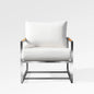 Enclover Acacia outdoor club chair with white Sunbrella cushions, stylish and comfortable for elegant outdoor relaxation.