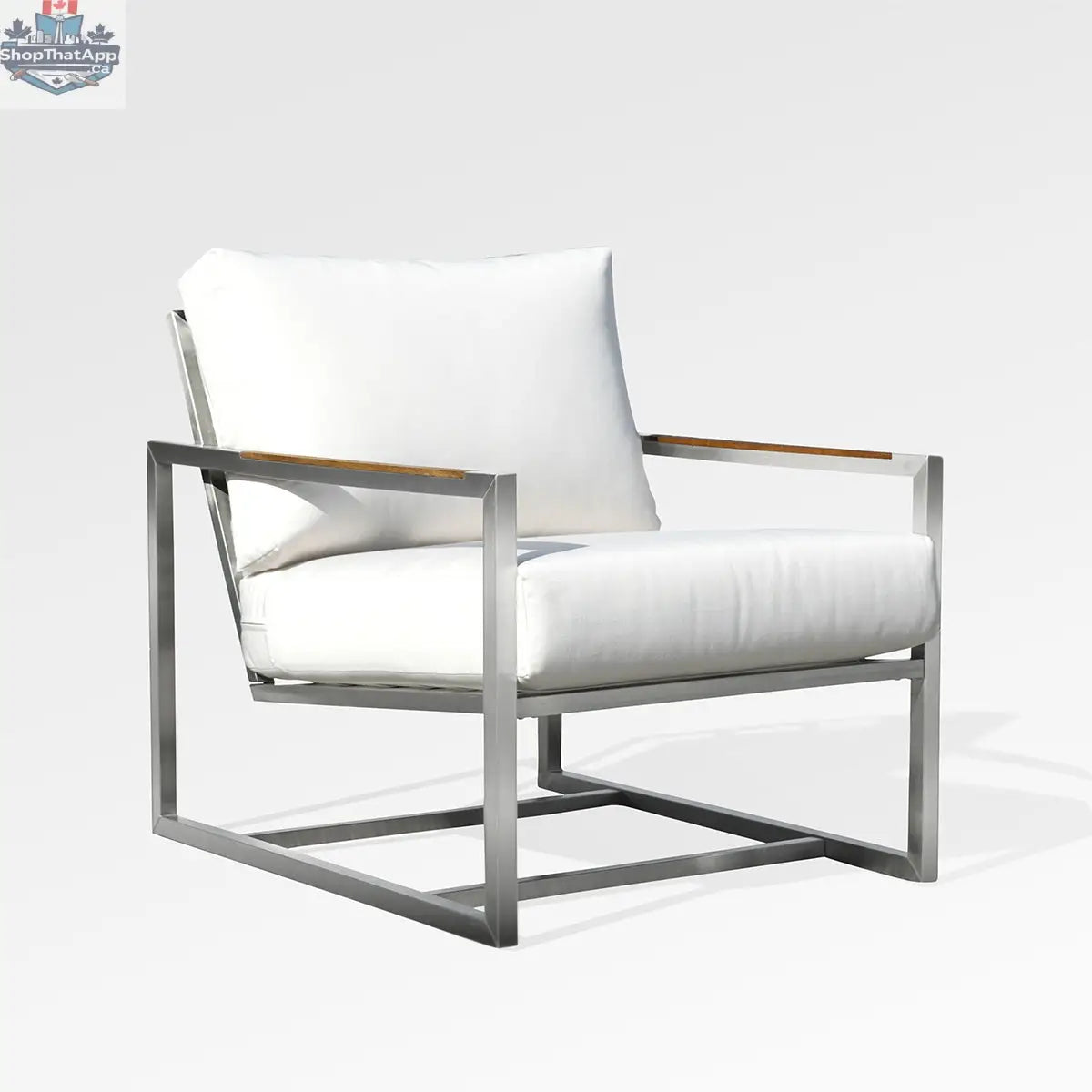 Enclover Acacia club chair with Sunbrella white canvas cushions, stylish outdoor seating for elegant relaxation.
