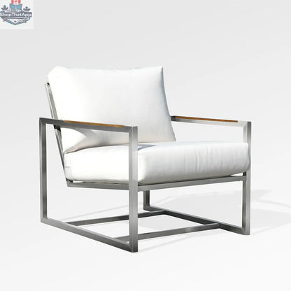 Enclover Acacia club chair with Sunbrella white canvas cushions, stylish outdoor seating for elegant relaxation.