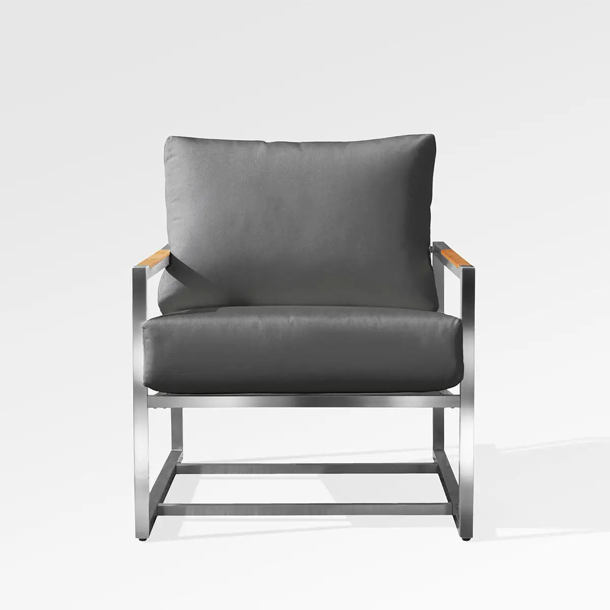 Enclover Acacia Club Chair with Sunbrella Cushions, outdoor chair featuring a stylish slate-colored fabric and wooden frame.