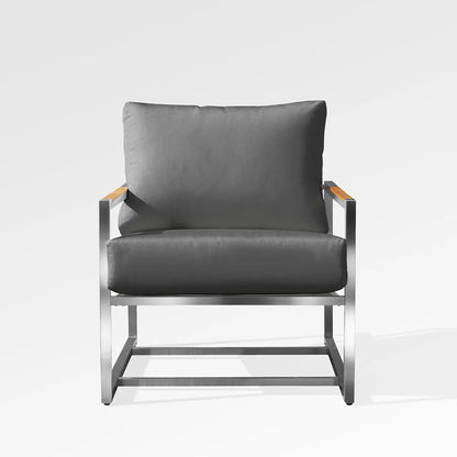 Enclover Acacia Club Chair with Sunbrella Cushions, outdoor chair featuring a stylish slate-colored fabric and wooden frame.