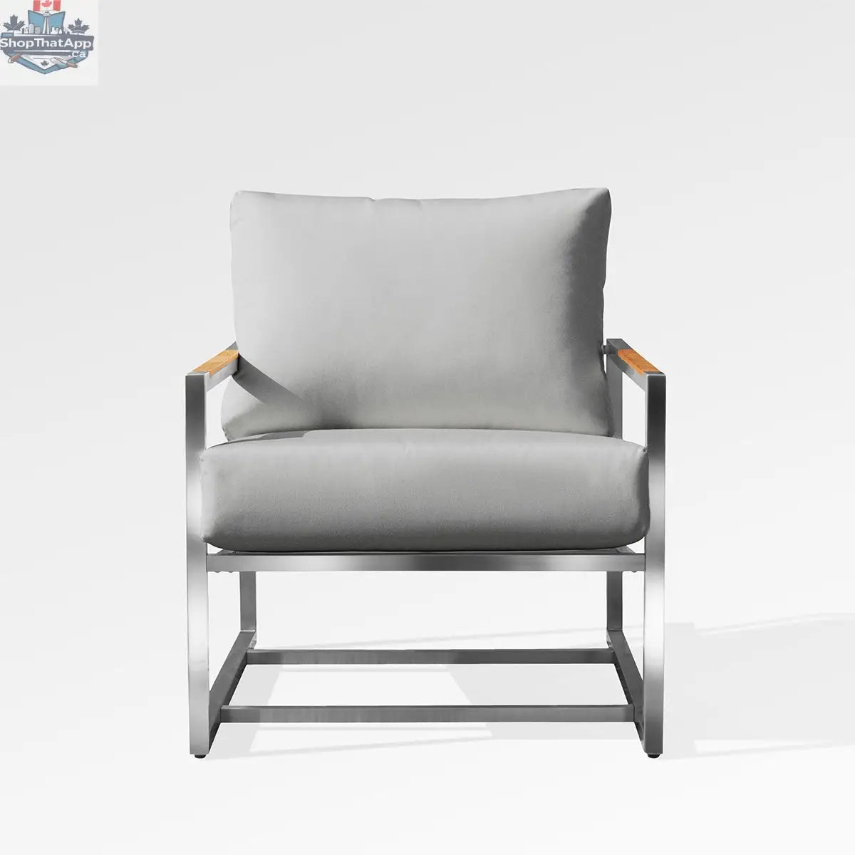 Enclover Acacia outdoor club chair with Sunbrella canvas granite cushions, stylish and comfortable for elegant outdoor relaxation.