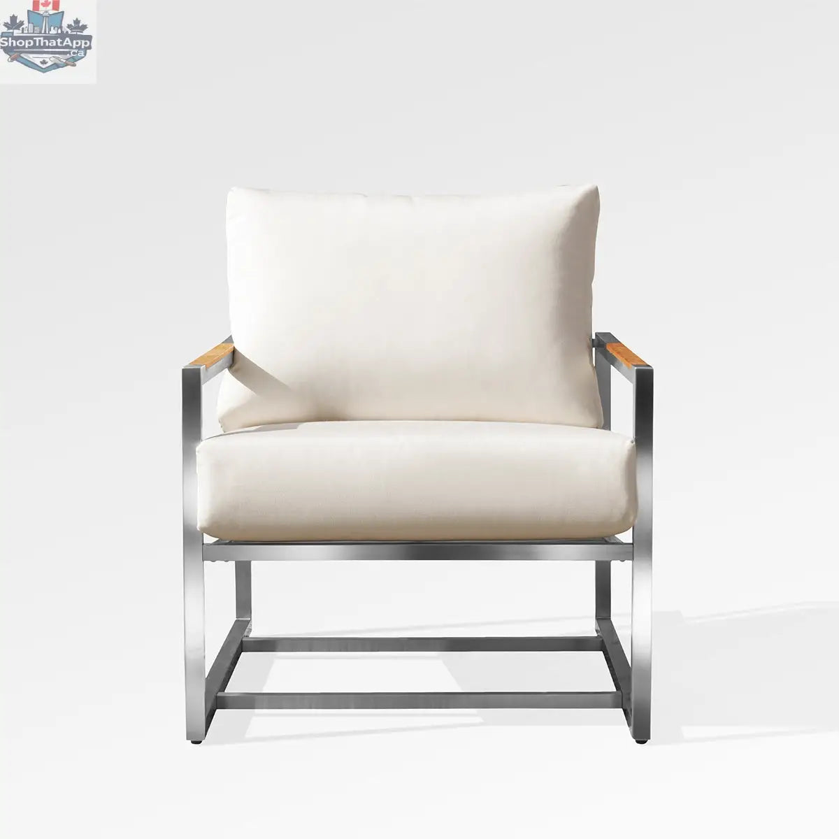 Enclover Acacia club chair with Sunbrella cushions, stylish outdoor seating with a woven wood look and bird pattern fabric.