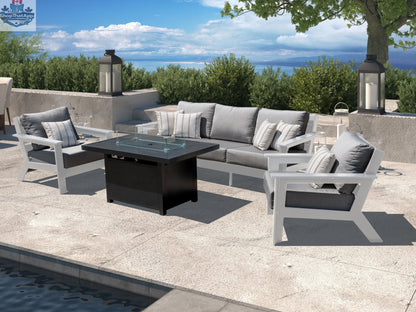 Enclover Hickory lounge chair with Sunbrella cushion, featuring a white frame and cast slate finish, designed for Acacia Lux sectional.